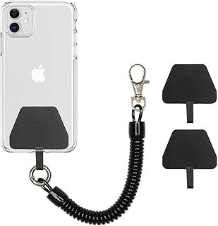 Phone Lanyard Tether, Anti Theft Spring Phone Strap, 4 x Phone Pacthes & Climbing Hook Universal Phone Lanyard Fitting for All Smartphones -Black