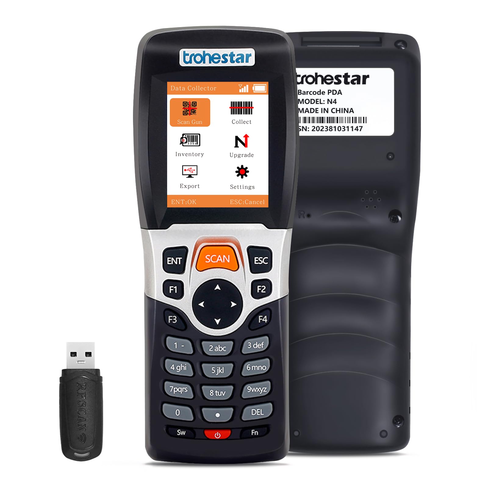 Wireless Barcode Scanner - Handheld Inventory Scanner Data Collector with 2.4GHz RF Transceiver for Warehouse & Bookstore Management (N4-1D-OR)