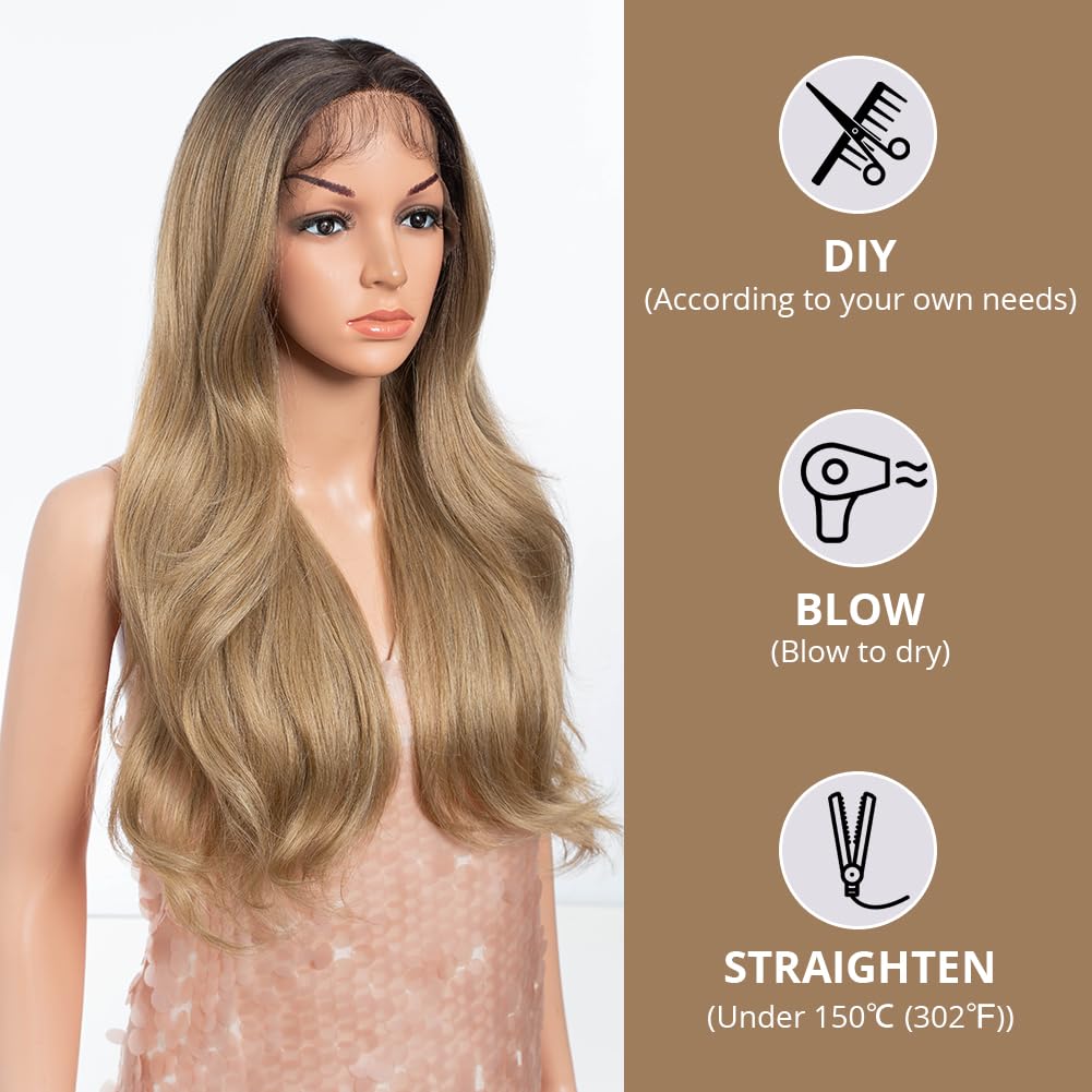 Style Icon Synthetic Lace Front Wig with Curtain Bangs 24 inch Long Wave Wig for Women Ombre Blonde Layered Wigs with Bangs Pre Plucked with Baby Hair 13x4x1 Middle Part 150% Density - Image 3