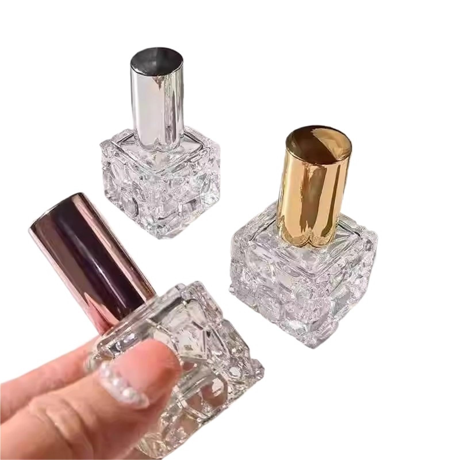 10/30/50 szt. 10 ml przezroczysta szklana butelka perfum kwadratowa butelka z rozpylaczem drewniana nakrętka/aluminiowa nasadka kosmetyczny pojemnik do butelkowania (srebrna nasadka, 10 szt.)