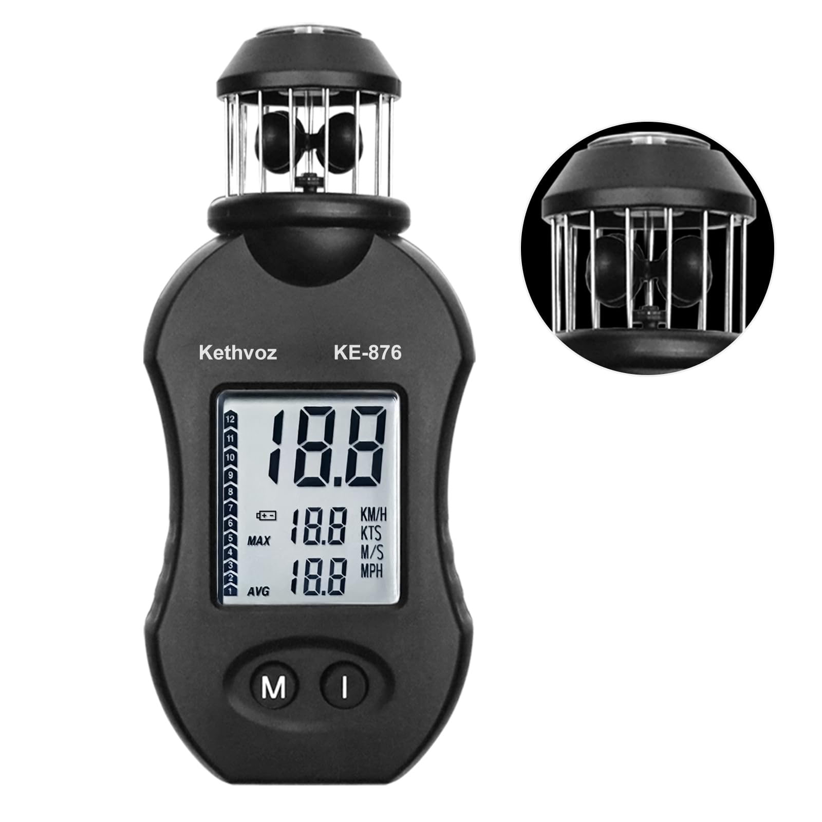 Kethvoz Anémomètre Numérique de Compteur de Vent, Jauge Anemometer de Vitesse de Vent de Coupe Portative Mesure le Débit d'air pour la Voile, le Drone les Activités de Plein Air 876