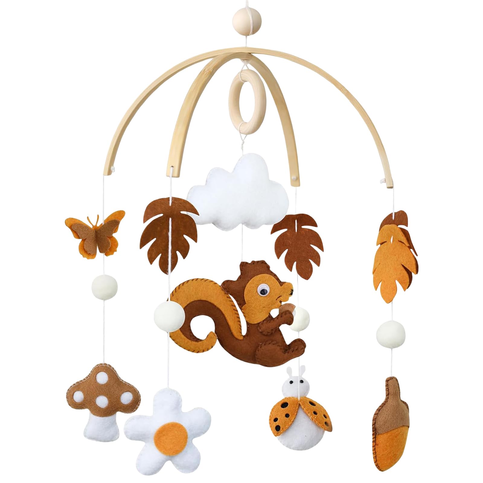 Mobile Baby Windspiel Bettglocke Eichhörnchen Anhänger aus Filz und Holz mit Waldtieren, ideal für Neugeborene als beruhigendes und bildungsförderndes Babyzimmer (Eichhörnchen)