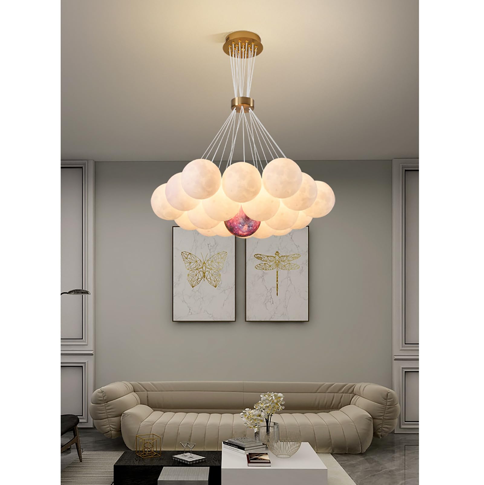 Żyrandole lampa sufitowa, nowoczesny żyrandol globusowy, okrągła dekoracja bąbelkowa lampa wisząca 3D nadruk księżycowa planeta, kreatywna lampa wisząca do sypialni salonu, regulowana