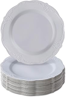 Vintage Design Disposable Dessert Plates For Party (20 Pc) Heavy Duty Disposable Dinner Set 7.5”, Fine Dining Plastic Dishes For Elegant China Look, Great for Upscale Wedding, Dining & Serving, Grey