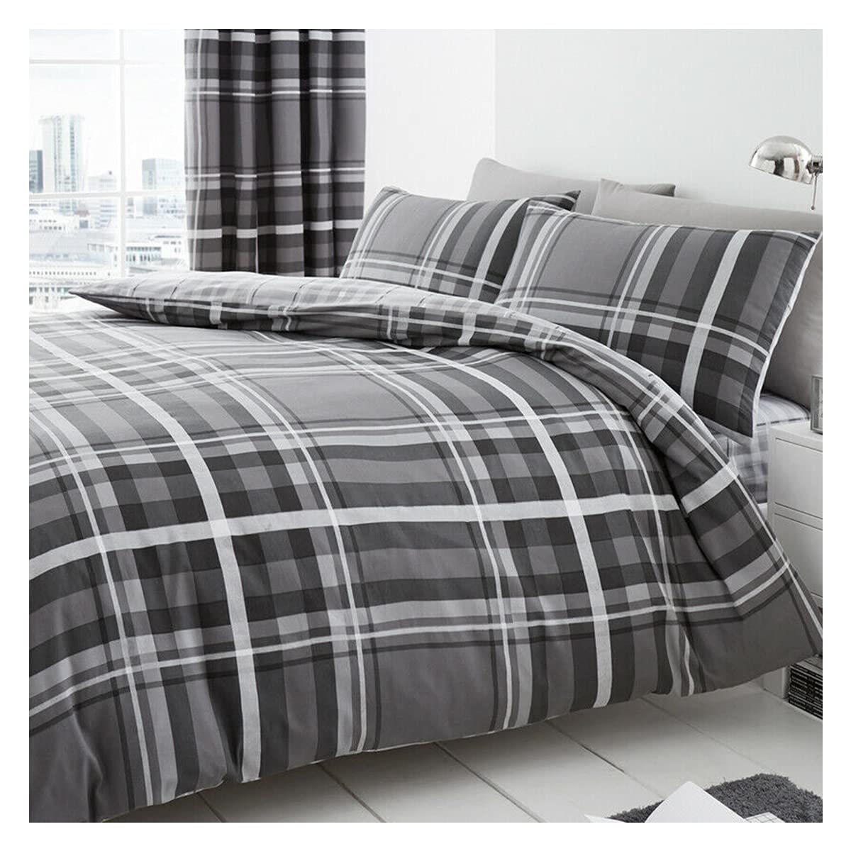 Lions Tartan Check Grey Reversible Ultra Soft Duvet Cover Sets King Size Bed with Pillowcase, Reversible Plaid Quilt Covers, Machine Washable, 230x220cm