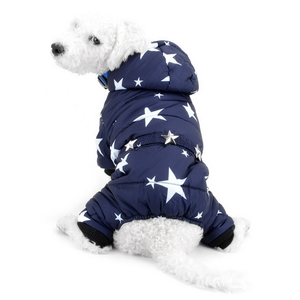 SELMAI Snowsuit for Small Dogs Fleece Lined Star Belt Hooded Jumpsuit Four-Legs Pants Winter Coats Puppy Doggie Chihuahua Apparel Clothes Outfits Blue XXL