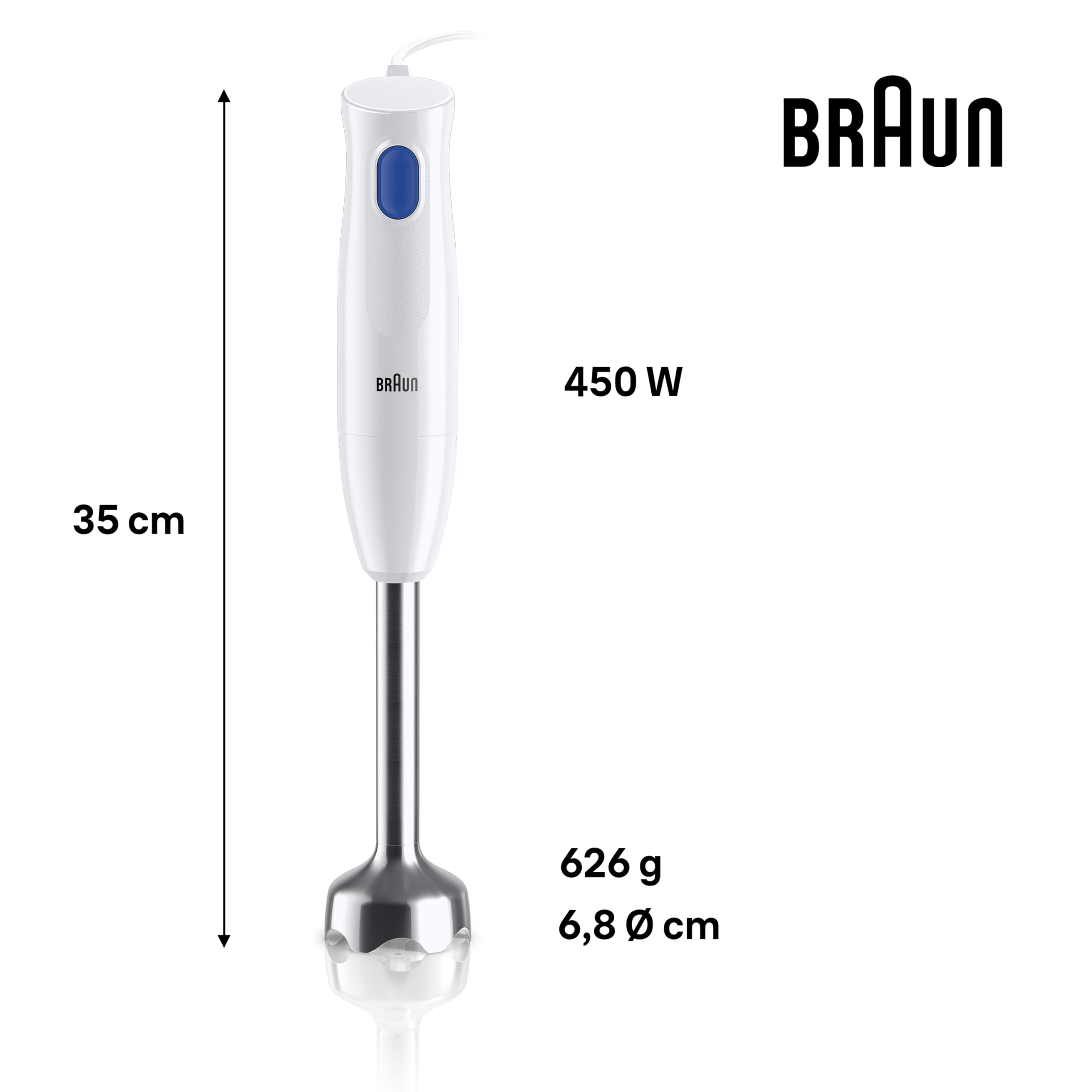 Braun MQ10.202M MultiQuick1 MINIPIMER CON 5 ANNI DI ASSISTENZA, Frullatore ad immersione extra leggero con base in acciaio inox e sistema EasyTwist, 3 ACCESSORI, 450 Watt, Bianco