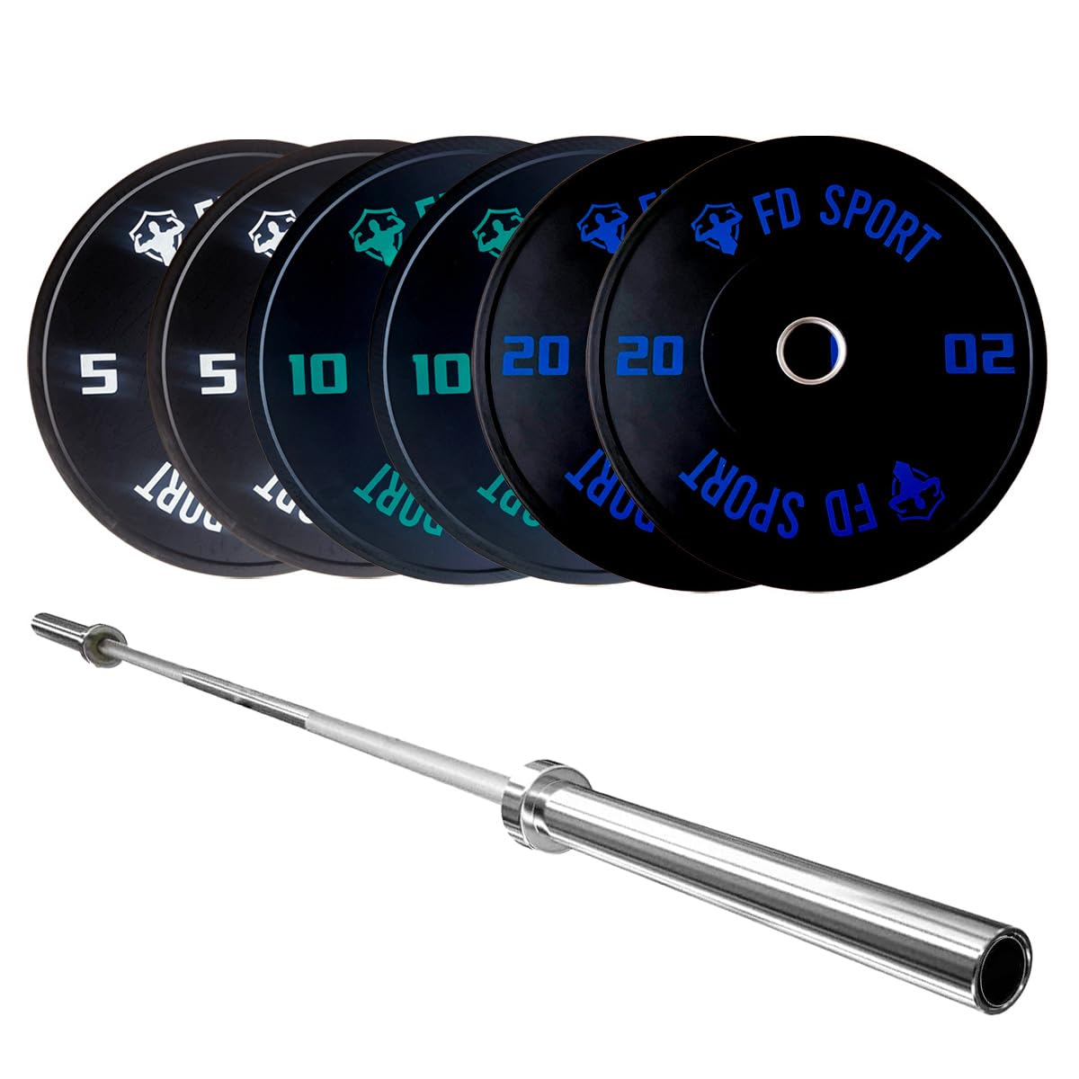 Set Bumper e Bilanciere Olimpico | Kit bumper coppie 5, 10 e 20 kg foro 50 mm | Bilanciere Olimpico 220 cm