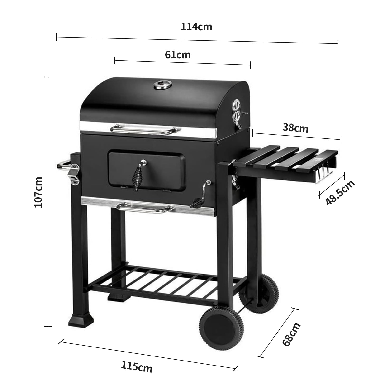 Stalowy grill węglowy z kółkami, grill węglowy z bocznymi półkami (107 x 115 x 68 cm)
