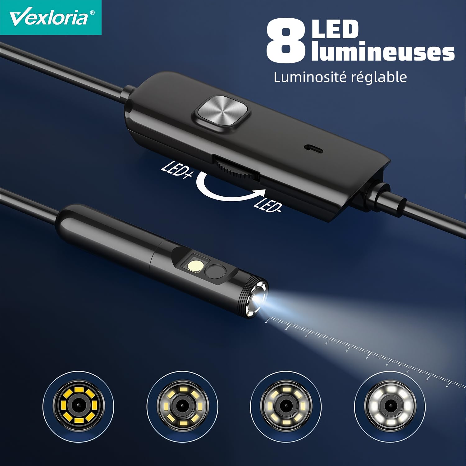 Vexloria Endoscope D'inspection, Camera Endoscopique 1920P HD Serpent Double Objectif, Endoscope Type C, IP68 Etanche Caméra avec 8 Lumières LED pour Smartphone Android et iOS, iPhone, iPad (5 M)