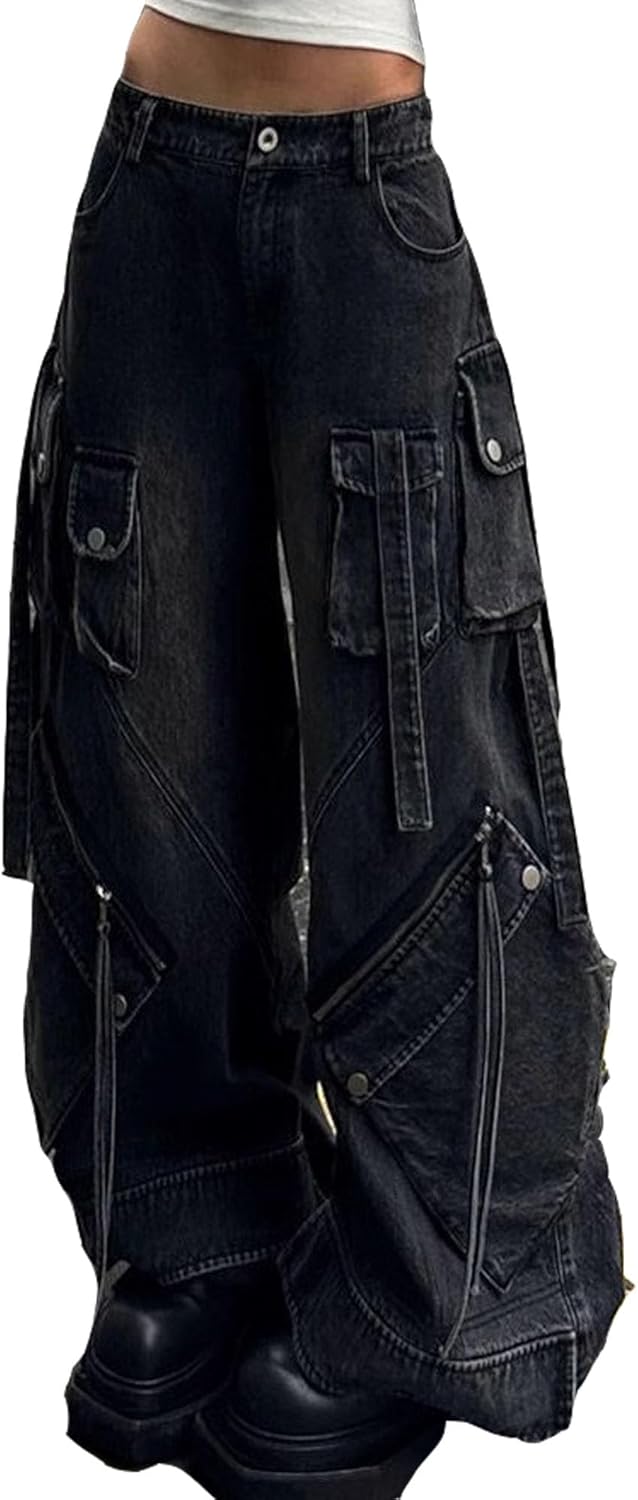 MEINVQIAOTI Hip hop Streamer Punk Dark Goth Pants Emo Grunge Heavy Industry Women's Cargo Jeans Baggy Cargo Pants Women
