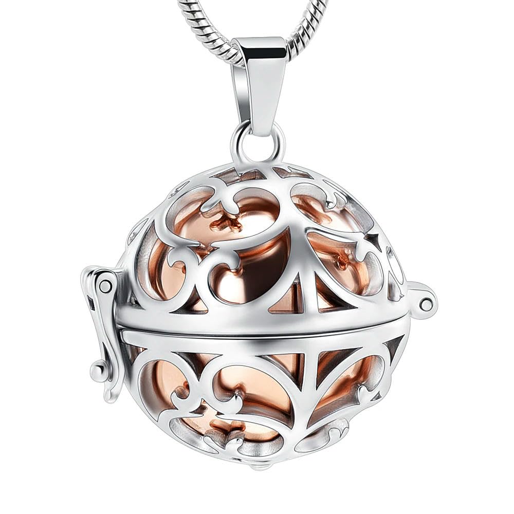 Pendentif collier urne funéraire d'exception or rose, boule creuse pour cendres d'animaux