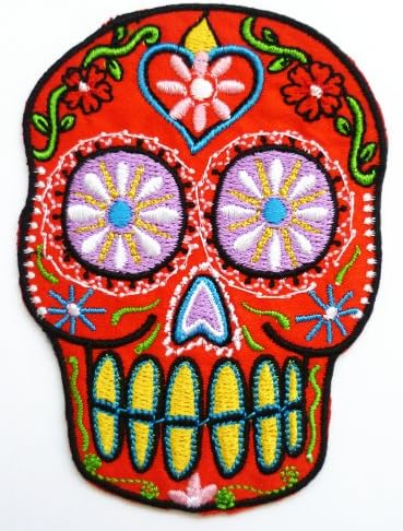 Mexican Dia de los Muertos (Day of the Dead) Skull (Red Heart) Iron on Sew on Embroidered Badge Applique Motif Patch From PatchWOW