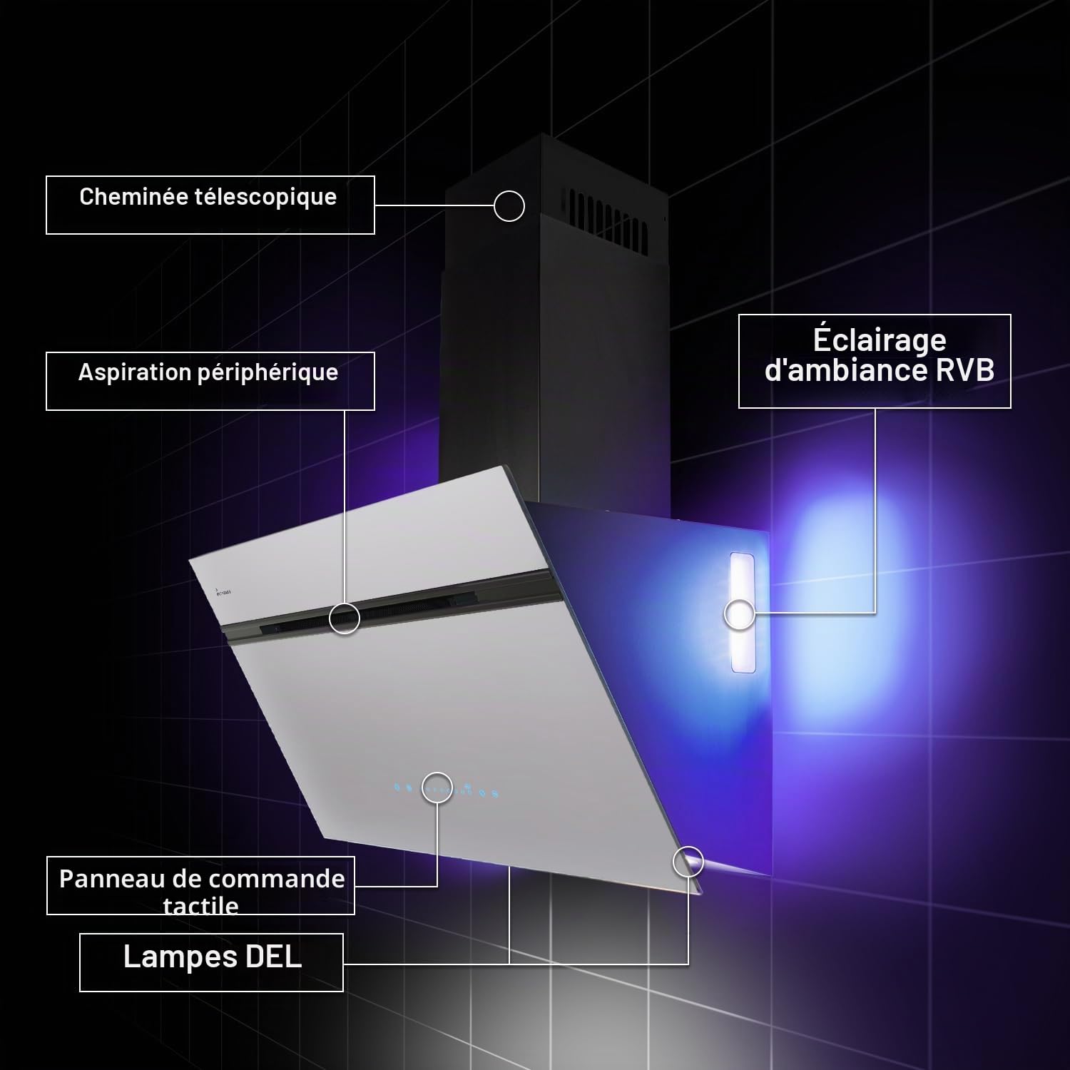 KKT KOLBE AURORA8005SW Hotte aspirante 80 cm 782 m³/h à recirculation d'air évacuée, hotte murale, verre noir et blanc, avec fonction de retardateur automatique, application Smart WiFi Wi-Fi