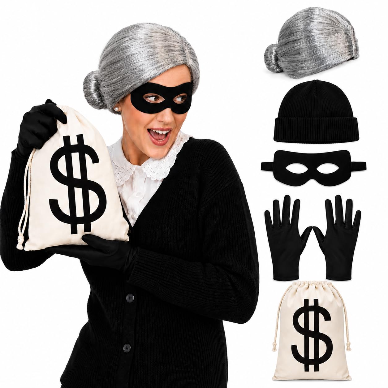 Skknuny 5 PCS Gangster Granny Costume Set, World Book Day Costumes for Adults Grey Wig Robber Eye Mask Swag Bag for Halloween (Granny Set B)