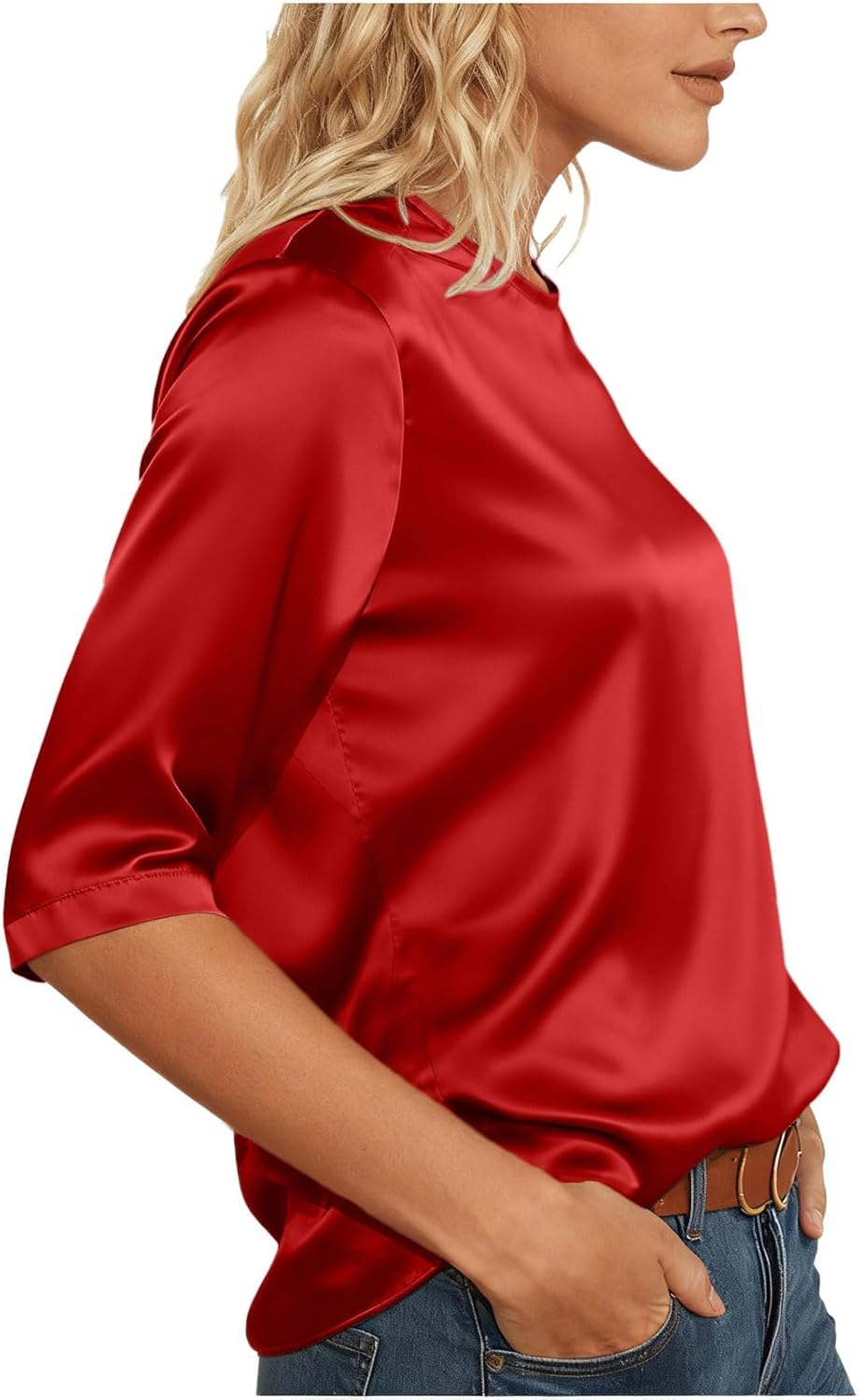 Womens 3/4 Sleeve Tops Silky Satin Crew Neck Shirts Work Office Business Casual Dressy Outfits Clothes