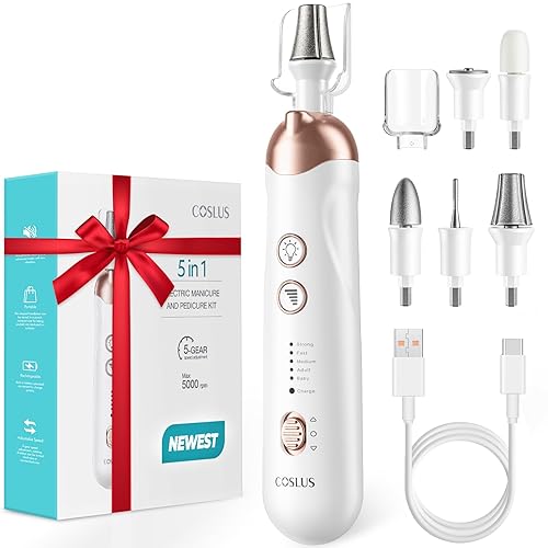 Kit profesional de manicura y pedicura 5 en 1 juego de limas de uñas eléctricas, taladro de uñas de 5 velocidades para cutículas gruesas de uñas de