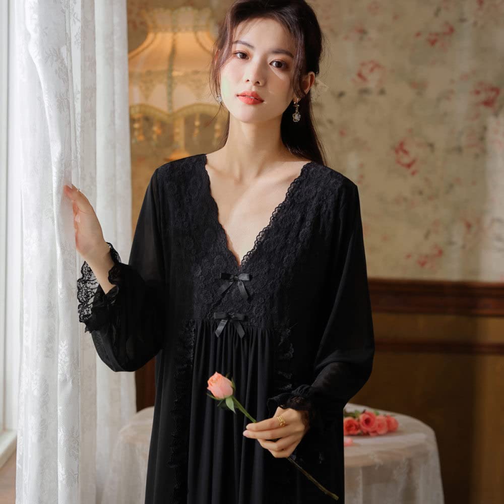 Nachthemd Damen Sexy,Damen-Nachthemden, Schwarzes V-Ausschnitt, Florale Spitze, Schleife, Mesh, Elegantes Schlafhemd, Weiches, Bequemes, Langärmliges Nachthemd, Nachtwäsche, Loungewear Für Damen,