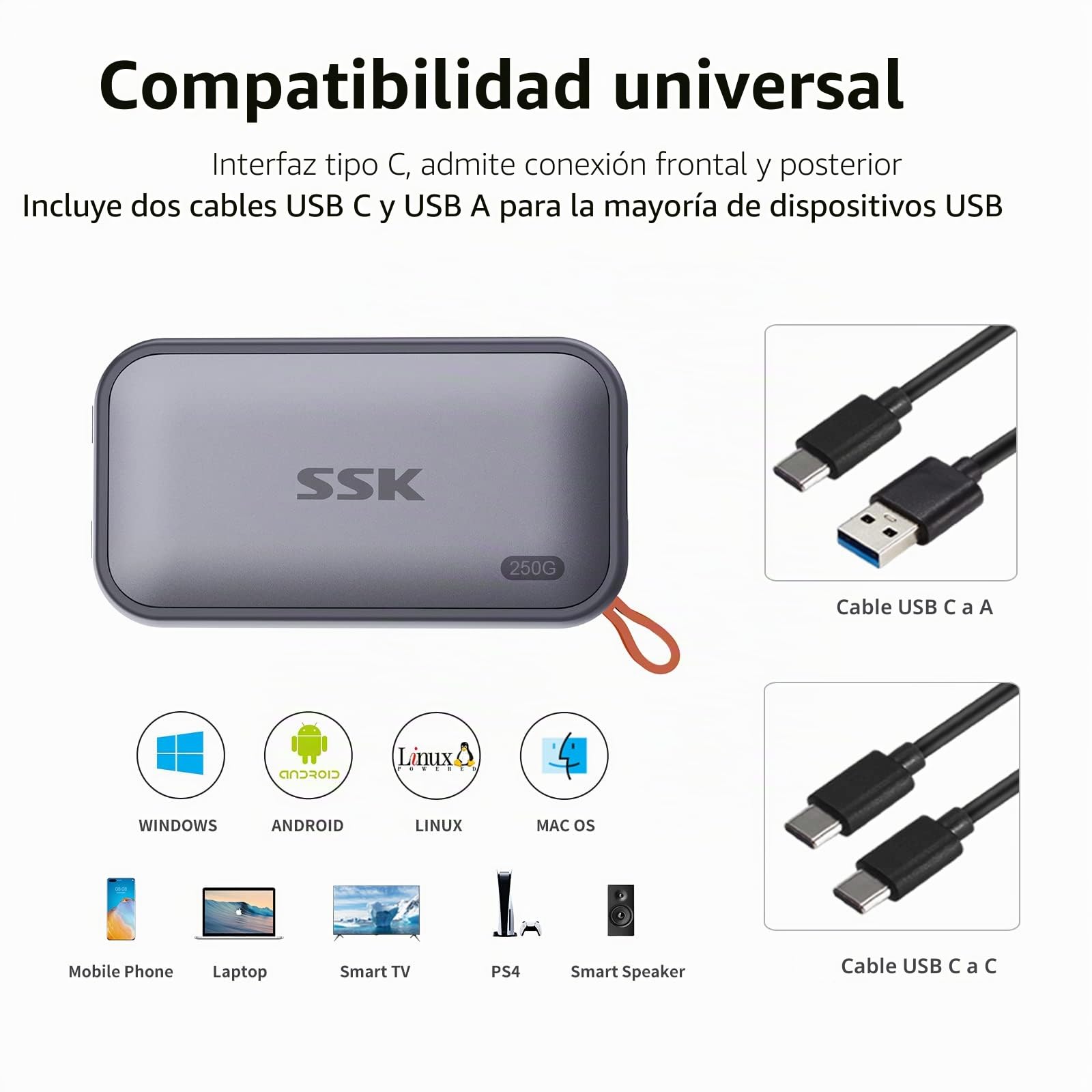 SSK SSD Externo 250GB Portatil Disco Extreme SSD，Velocidad de transmisión Extrema de hasta 1050 MB/s Disco Duro USB 3.2 Gen 2 para teléfonos Inteligentes Tipo c, PS5, Xbox,Macbook y más