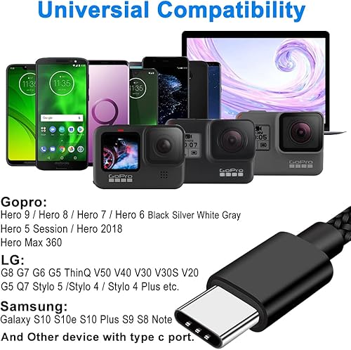 Miniatura 5 de Cable de alimentación USB-C tipo C de 10 pies de largo para GoPro Hero Max, Hero 11 10 9 8 7 6 5 Session 2018 Negro Blanco Plata para Samsung Galaxy