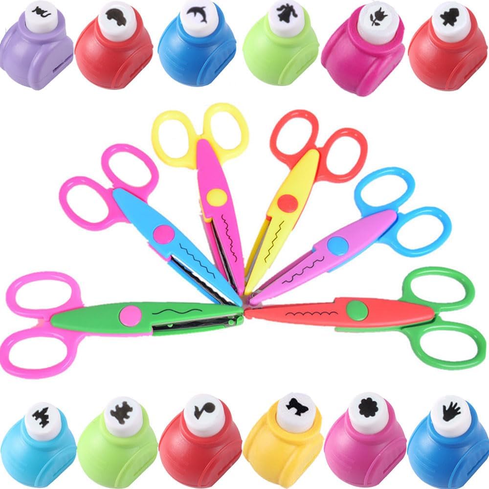 Scrapbook Paper Punch and Decorative Scissors, Qtopun 6 Pcs Creative Scissors and 12 Pcs Craft Punch Wave Lace Edge Cutters Paper Hole Punchers for Crafts, DIY Photo, Set of 18 (18-2)