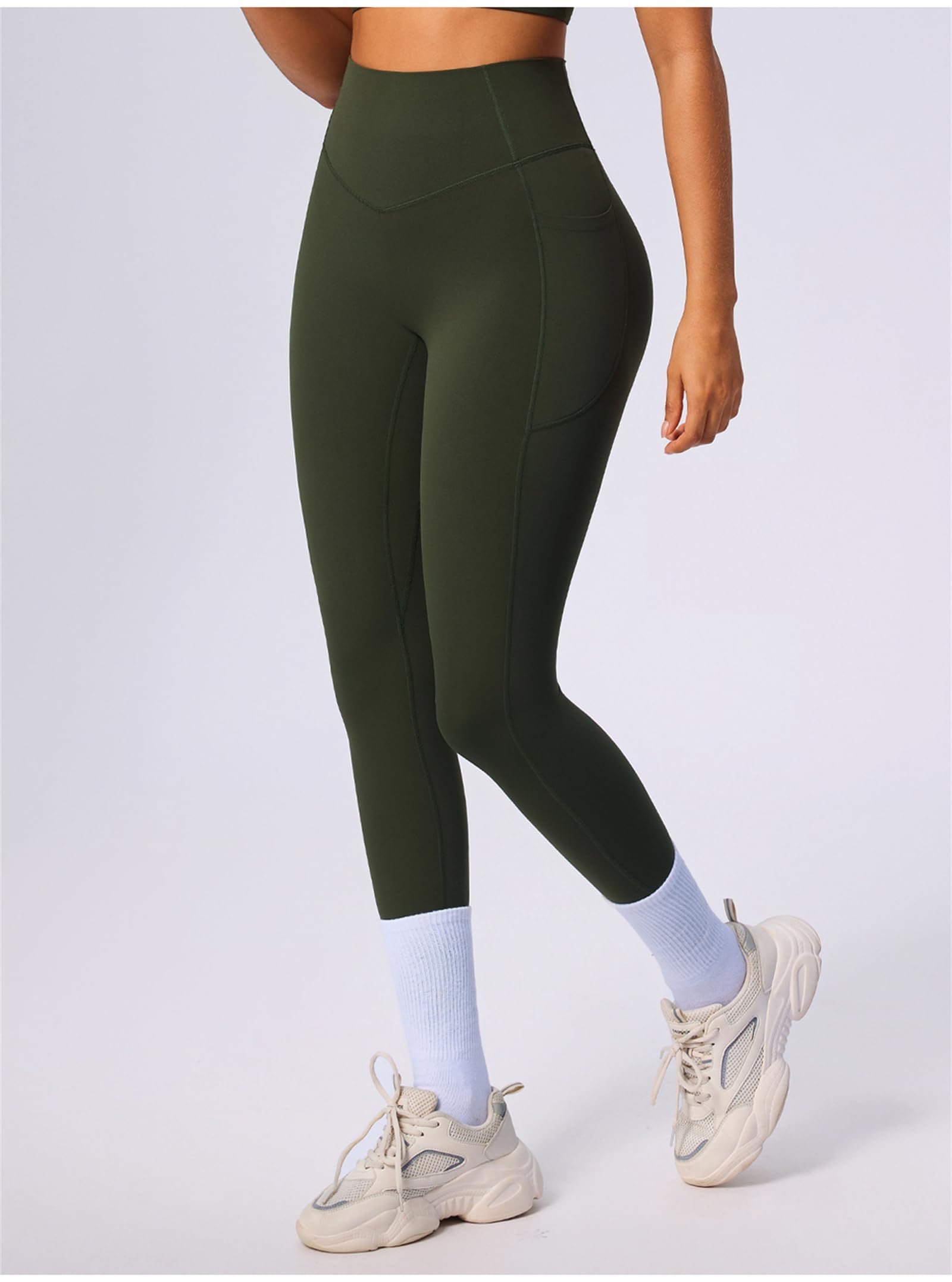 Legging pour femme avec poches - Contrôle du ventre - Noir - Taille haute - Pour entraînement, gym, yoga - Beurre