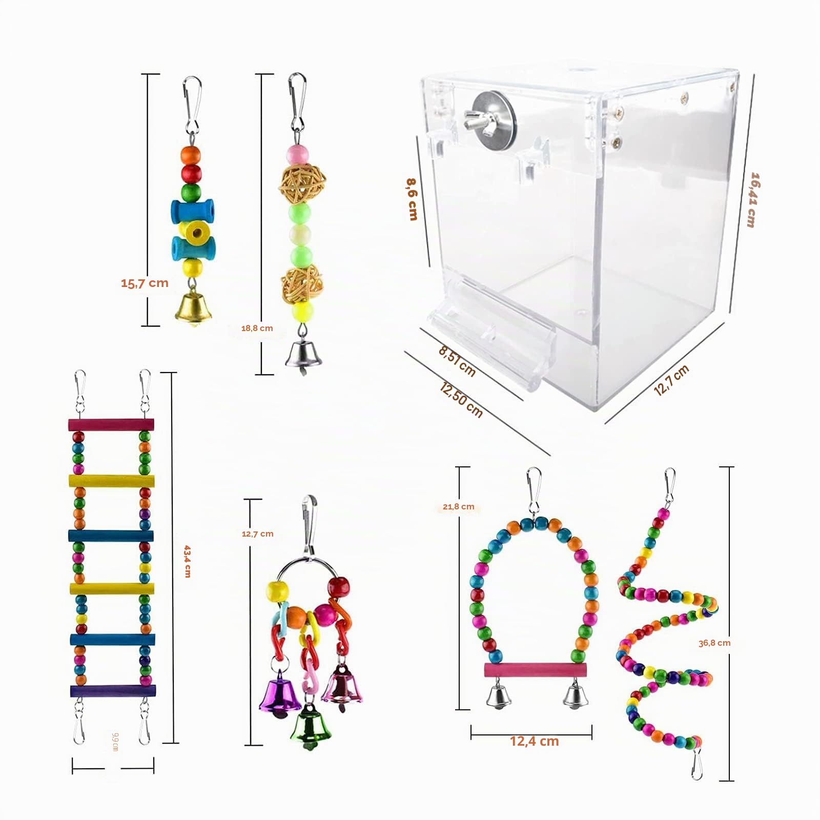 Baignoire pour Oiseaux, bac de Bain pour Oiseaux, boîte de Bain Transparente pour Petits Oiseaux, (boîte de Bain pour Oiseaux sans Fuite + 6 Jouets pour Oiseaux)