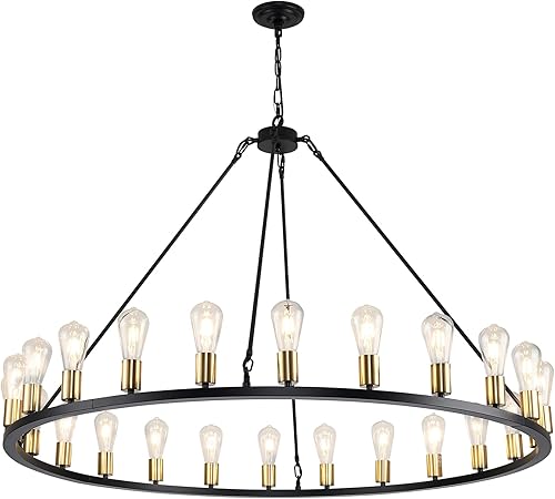 Candelabros modernos de granja negros y dorados, lámpara industrial de 24 luces, lámpara de araña rústica redonda para comedor, isla de cocina, sala