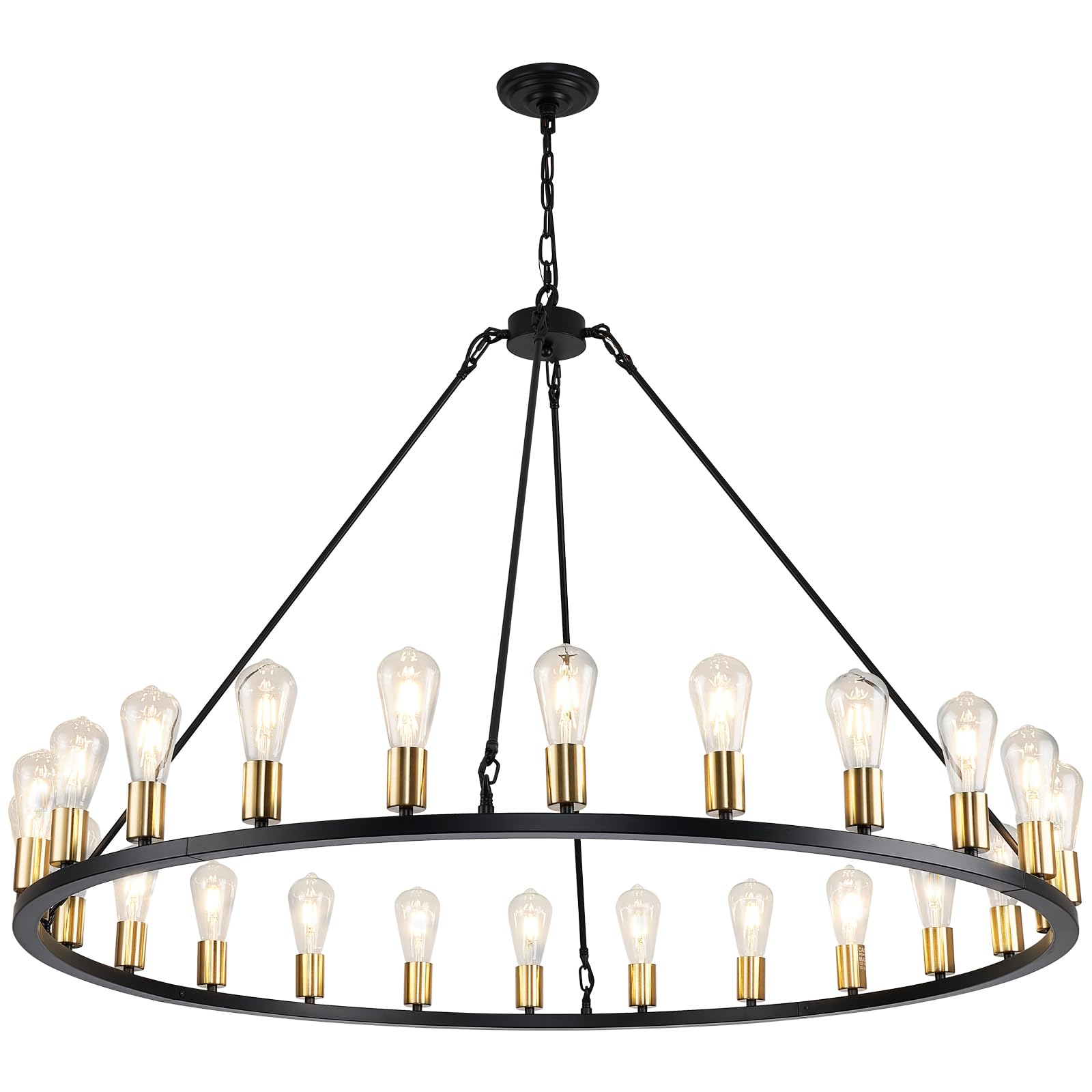 Peblto Modern Black and Gold Farmhouse Chandeliers, 24-Light Industrial Metal Wagon Wheel Chandelier, Round Rustic Chandelier Lighting Fixture for Dining Room, Kitchen Island, Living Room, 50-inch