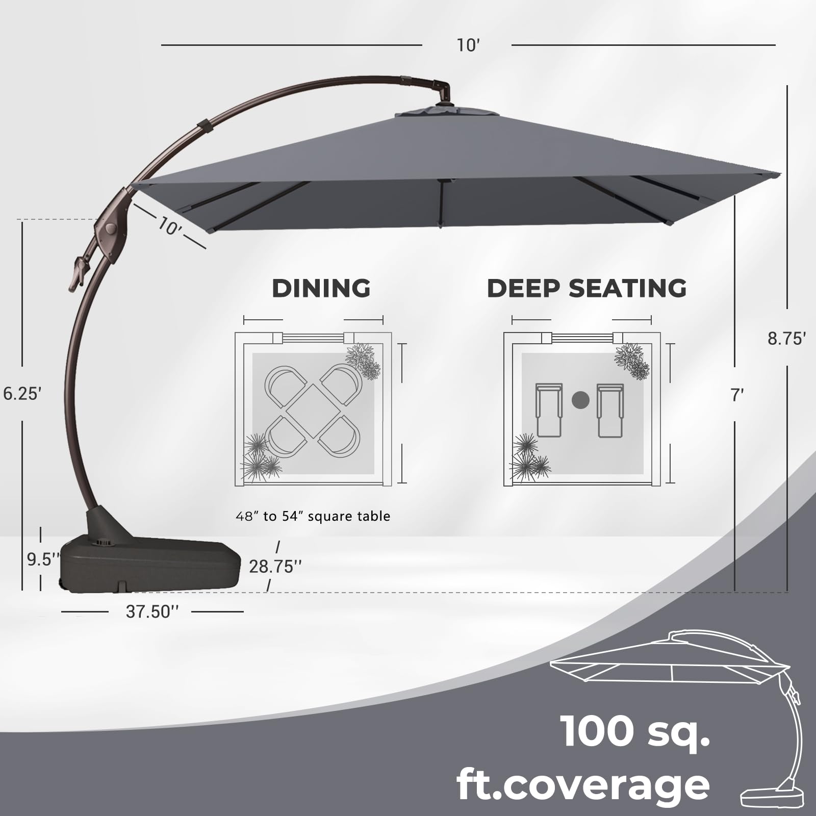 Grand patio 10X10 FT Sunbrella Offset Umbrella with Base Outdoor Square Aluminum Cantilever Umbrella Shade with Easy Tilt Adjustment (Charcoal, 10X10 FT-SUNBRELLA) : Patio, Lawn & Garden