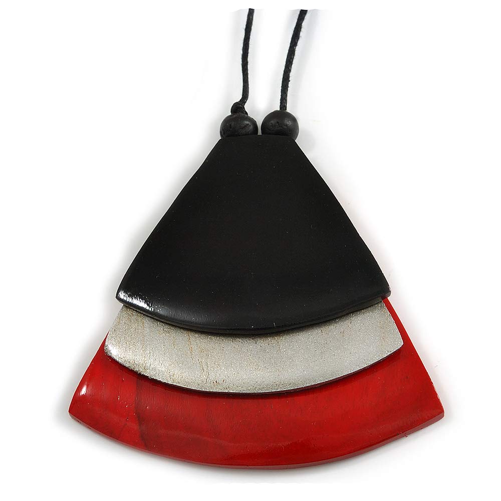 Avalaya Collana con ciondolo triangolare in legno nero e argento metallizzato, con ciondolo a forma di geometria geometrica, lunghezza 9 cm, lunghezza max: 100 cm, regolabile, Legno cavi legno