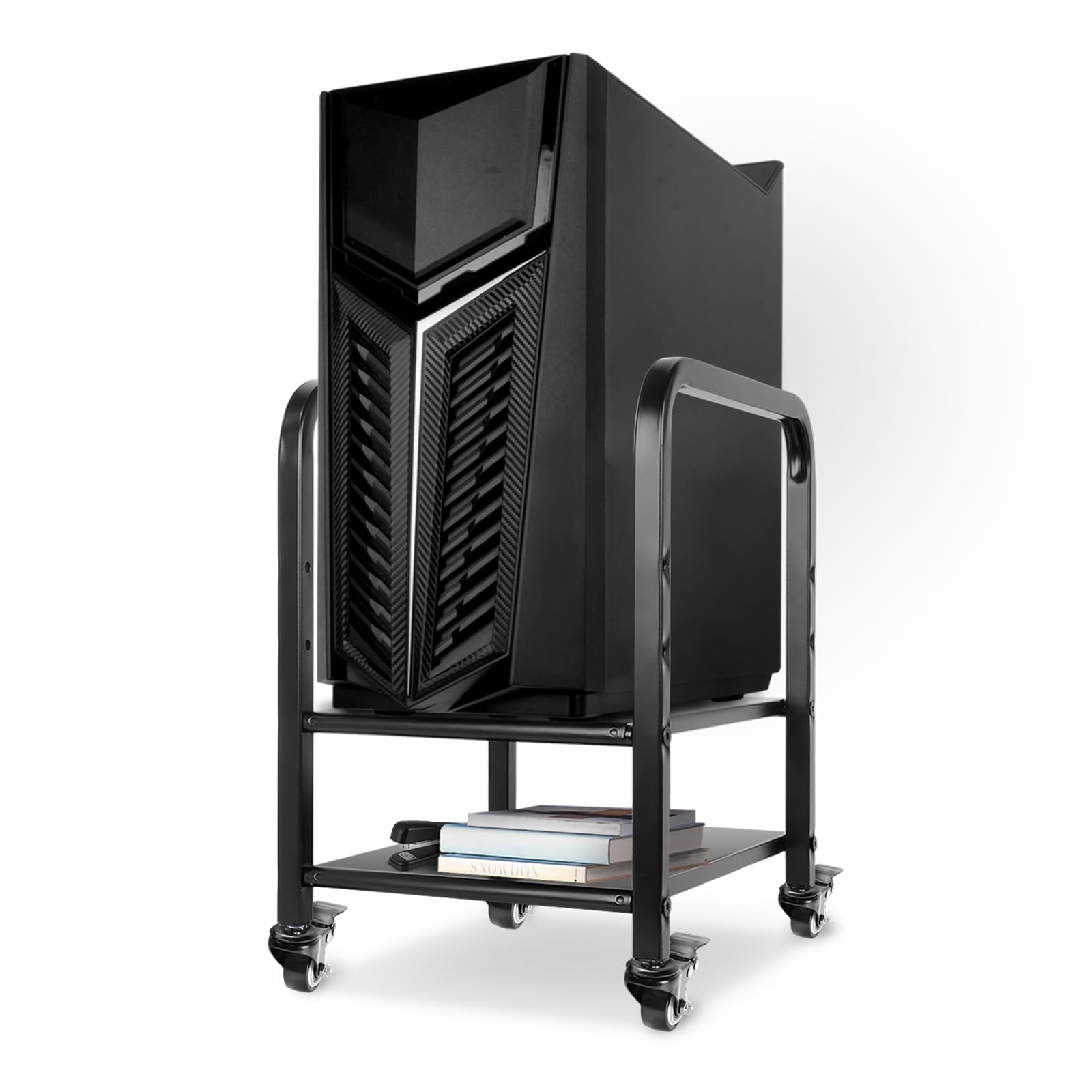 Computer Tower Floor Stand, Height Adjustable PC Stand 2-Tier for Mini/Mid Tower, Full Metal Rolling CPU Holder Cart with Locking Caster Wheels for Home and Office