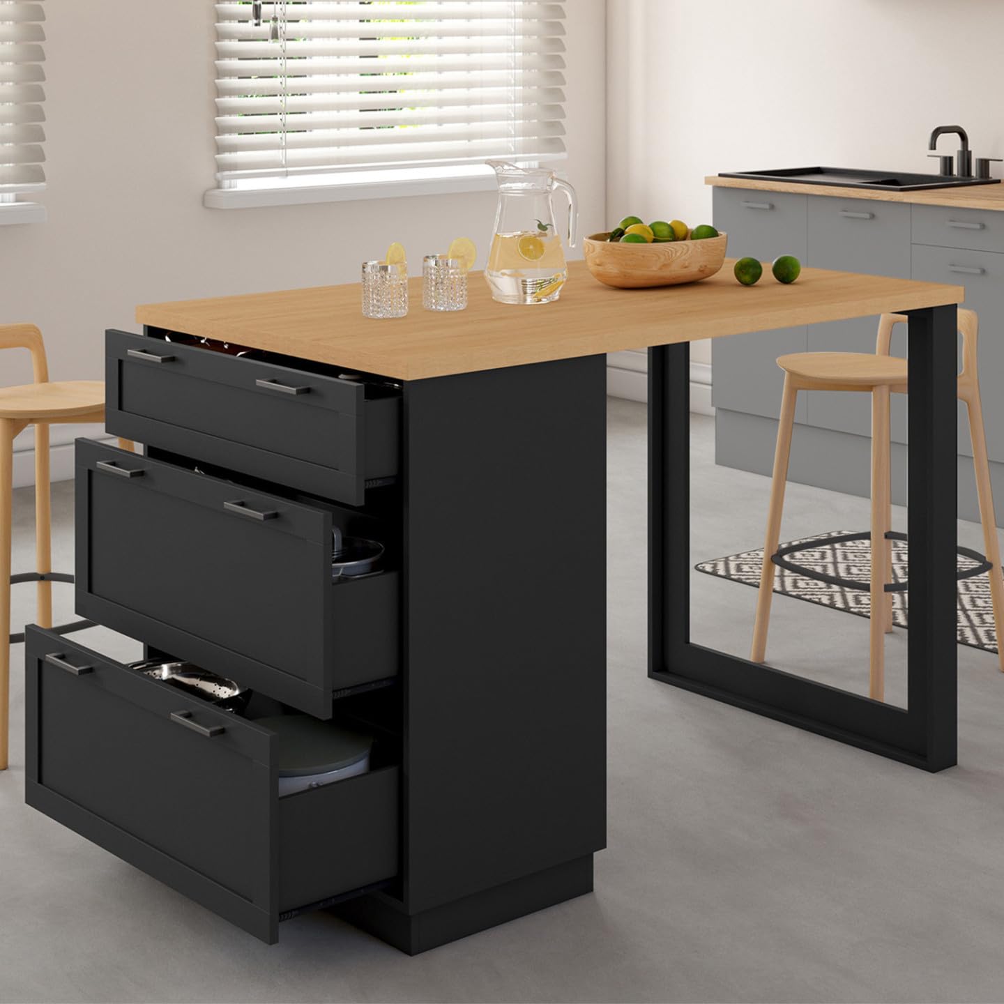 IDMarket - Ilot Central Mange-Debout 4 Personnes VITO 130 cm casserolier 3 tiroirs Noir et Plateau Bois
