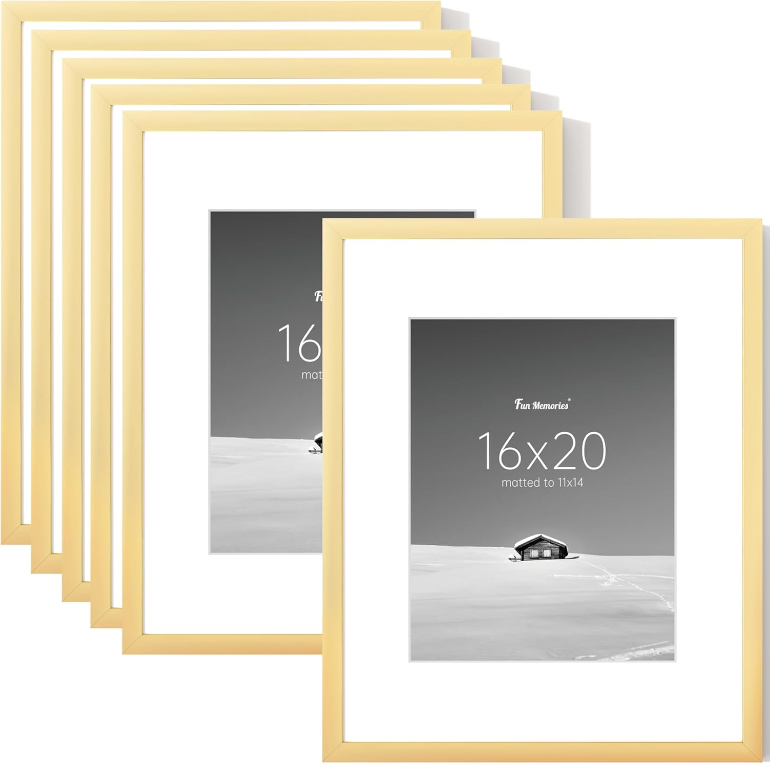 fun memories picture frame set of 6, display pictures 11x14 with mat or 16x20 without mat, poster frame for wall hanging horizontally and vertically, gold gold 16x20-6p