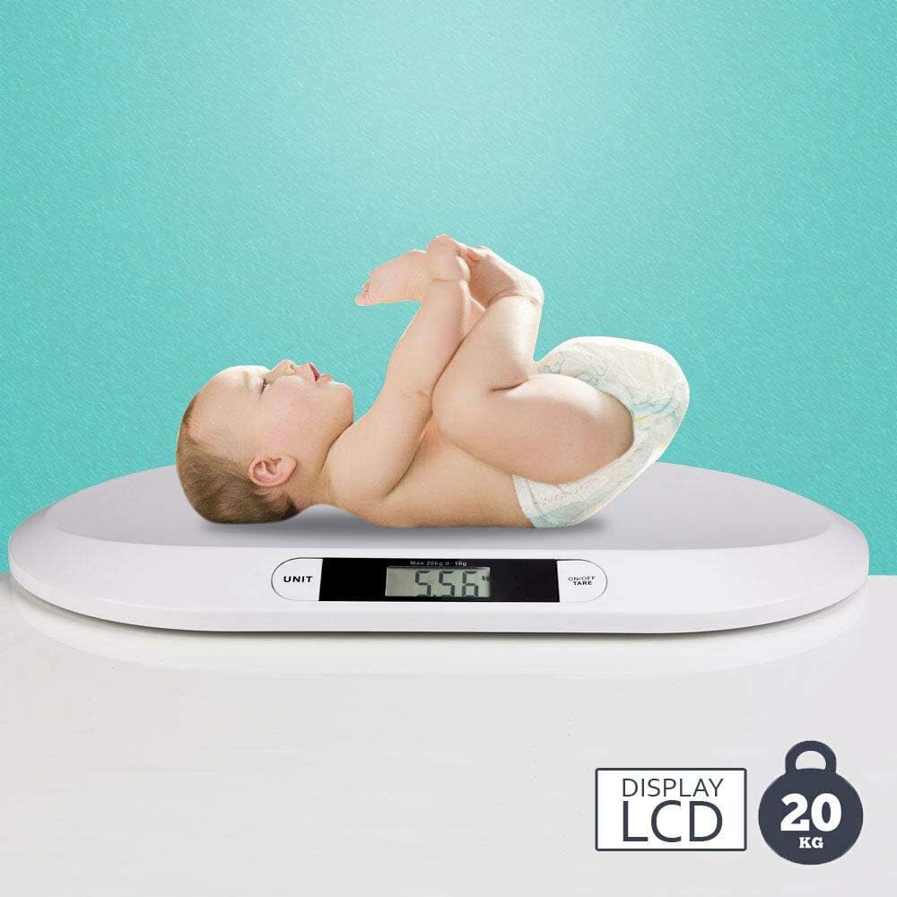 BAKAJI Balance électronique pesant enfants bébé avec affichage numérique LCD Balance pesant bébé 20 kg/44 arrêt automatique et Tara couleur blanche