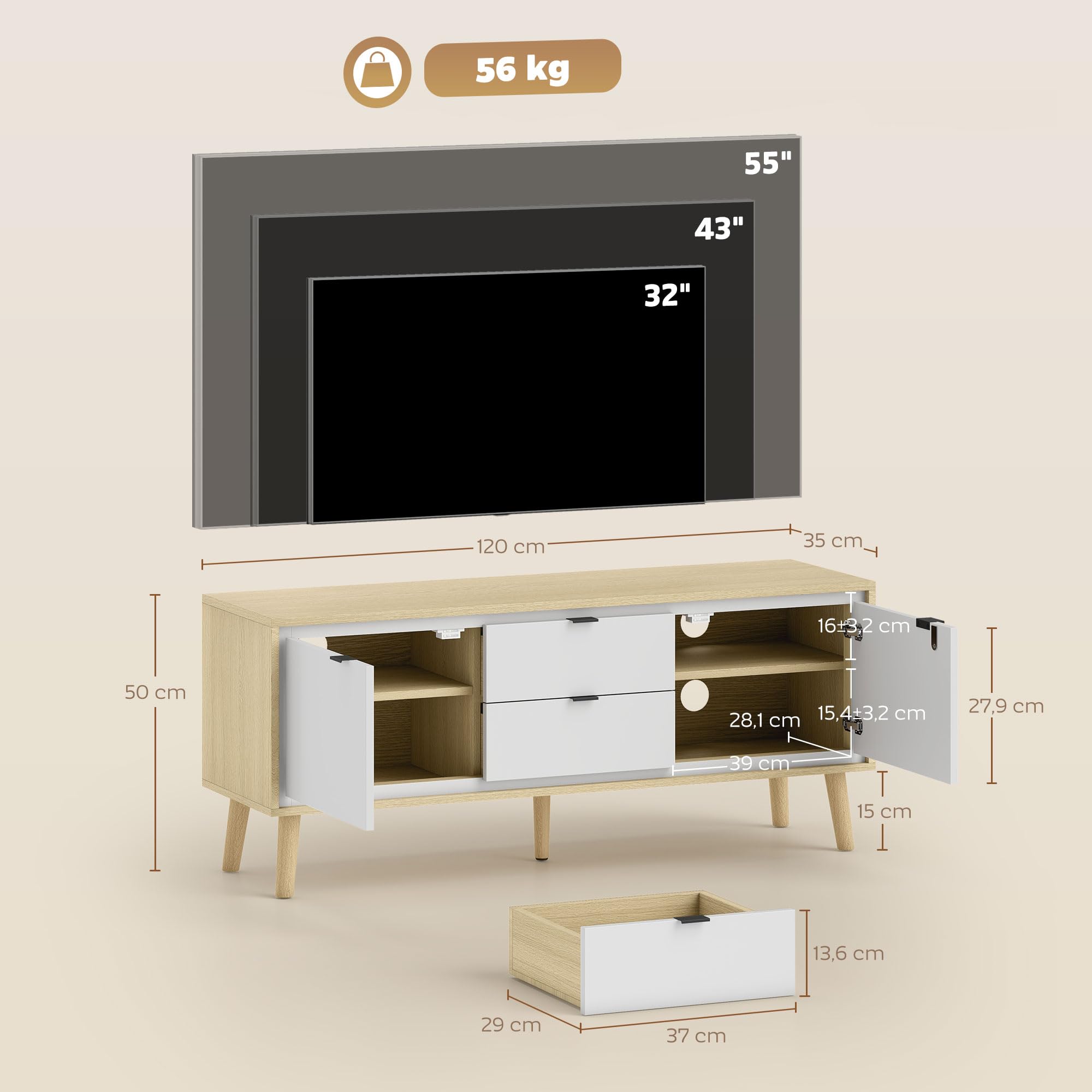 HOMCOM Mueble de TV Moderno de 2 Puertas 120x35x50 cm Blanco Brillo y Roble | Mesa TV para Salón con 2 Cajones, Orificios Pasacables, Estantes Extraíbles y Ajustables, para Televisión 55 Pulgadas