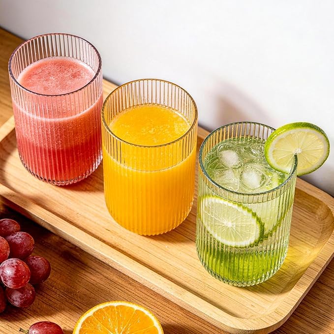 Image of criterion Ribbed Glass Cups Set of 4 - Clear Fluted Drinking Glasses for Iced Coffee, Boba Tea, Cocktails & Cold Drinks | Vintage Aesthetic Glassware for Home & Kitchen | 390ml