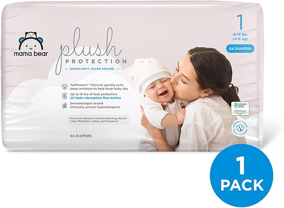 Amazon Brand - Mama Bear Plush Protection Diapers, Hypoallergenic Premium Disposable, Size 1, 54 Count, Chlorine-Free, Fragrance-Free, Leak Protection, Wetness Indicator