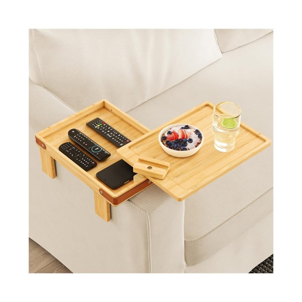 Plateau de Rangement Accoudoir de canapé à Double Couche avec Plateau Rotatif et boîte Rangement(Natural)