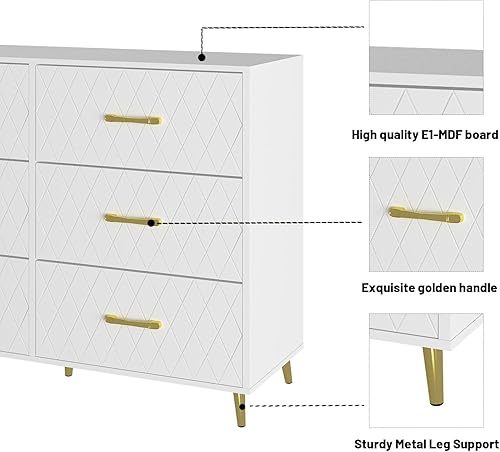 Miniatura 7 de Lamerge Cómoda blanca para dormitorio, cómoda de 6 cajones con mango de metal, cómoda de cajones moderna, cómoda de almacenamiento para sala de