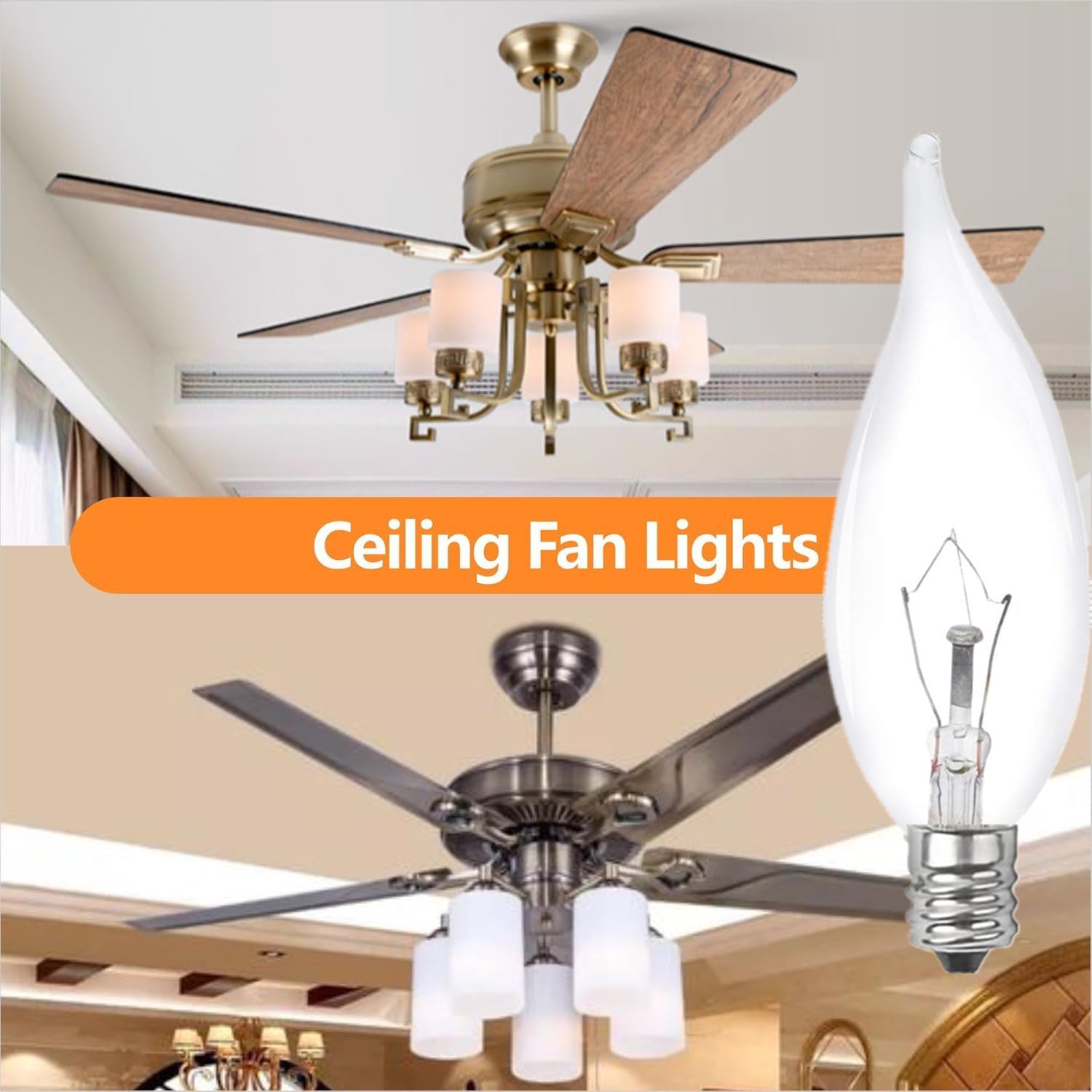40W Candelabra Light Bulbs, E12 Candle Light Bulbs, Clear Candle Base Bulb with Warm White 2700K, 600 Lumen Dimmable, CA10 Clear Candelabra Base Bulbs, Ceiling Fan, (12 Pack)
