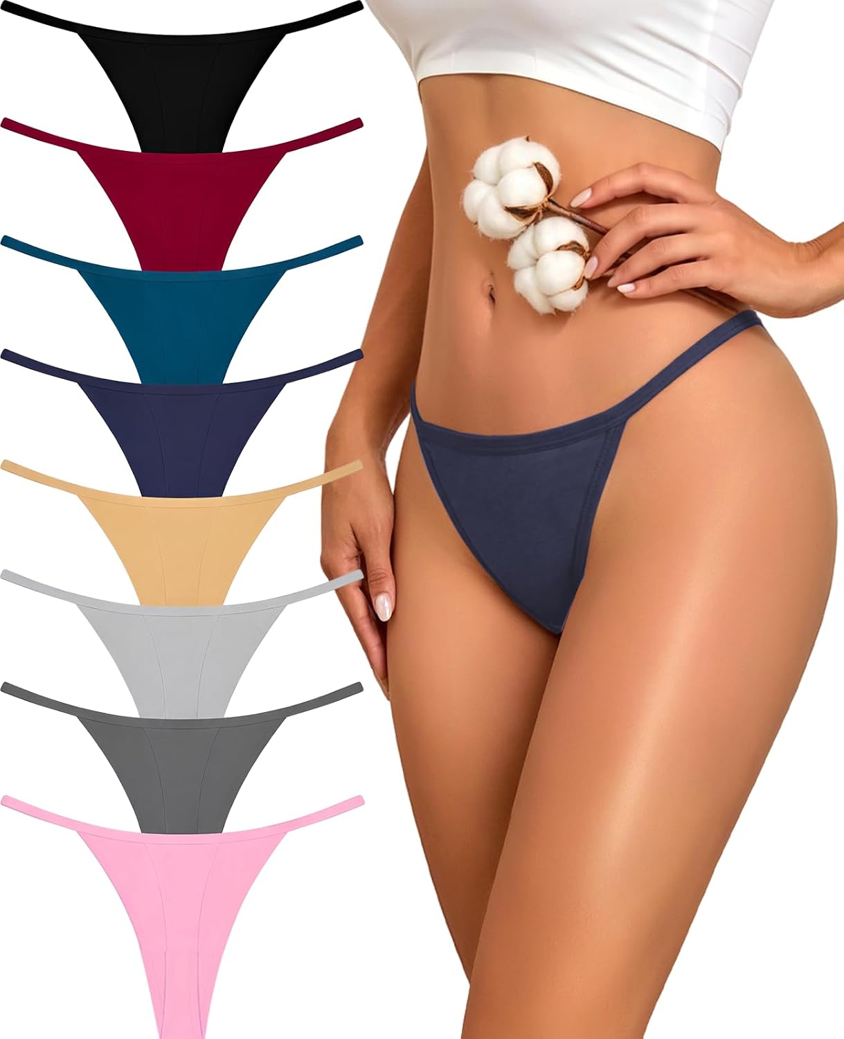 FINETOO 8 Pack Cotton Thongs for Women Sexy G-string Thong Underwear Seamless Low Rise Panties for Ladies Lingerie XS-XXL