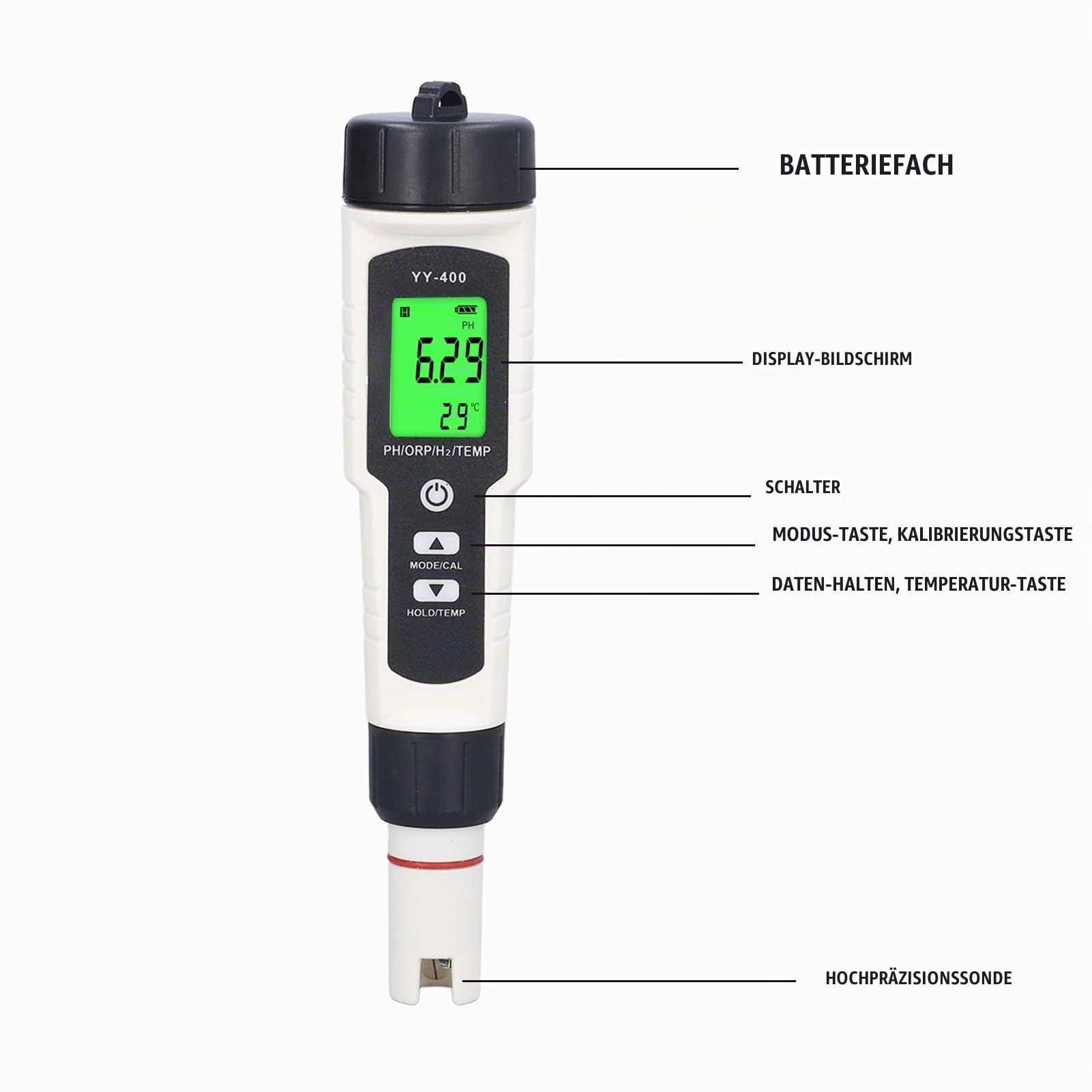 Wasserqualität Tester, Vier Funktionen in Einem, Stiftförmiges Design, Abnehmbares Design, LCD Digitalanzeige zur Messung von PH, ORP, H2 Wasserstoffgehalt und Temperaturwert