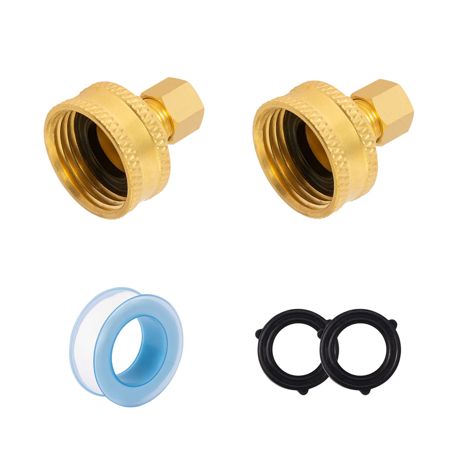 SUNGATOR2-Pack 3/4 Inch Female Garden Hose by 1/4 Inch Compression Brass Adapter, Lead Free Brass with Extra 2-Piece Rubber Rings and a Sealing Tape