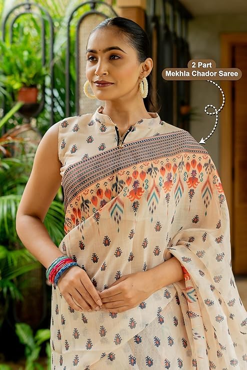 Image of RAJESHWAR FASHION WITH RF Soft Linan Cotton Summer collection rose digital print Traditional look saree beige