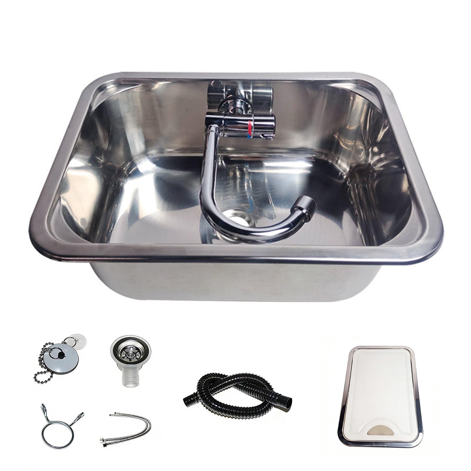 Fregadero Camper con Tapa, Fregadero Portatil Camping con Grifo Plegable, Lavabo Caravana de Acero Inoxidable 304, Fregaderos de Cocina, Ideal para Caravanas, Autocaravanas