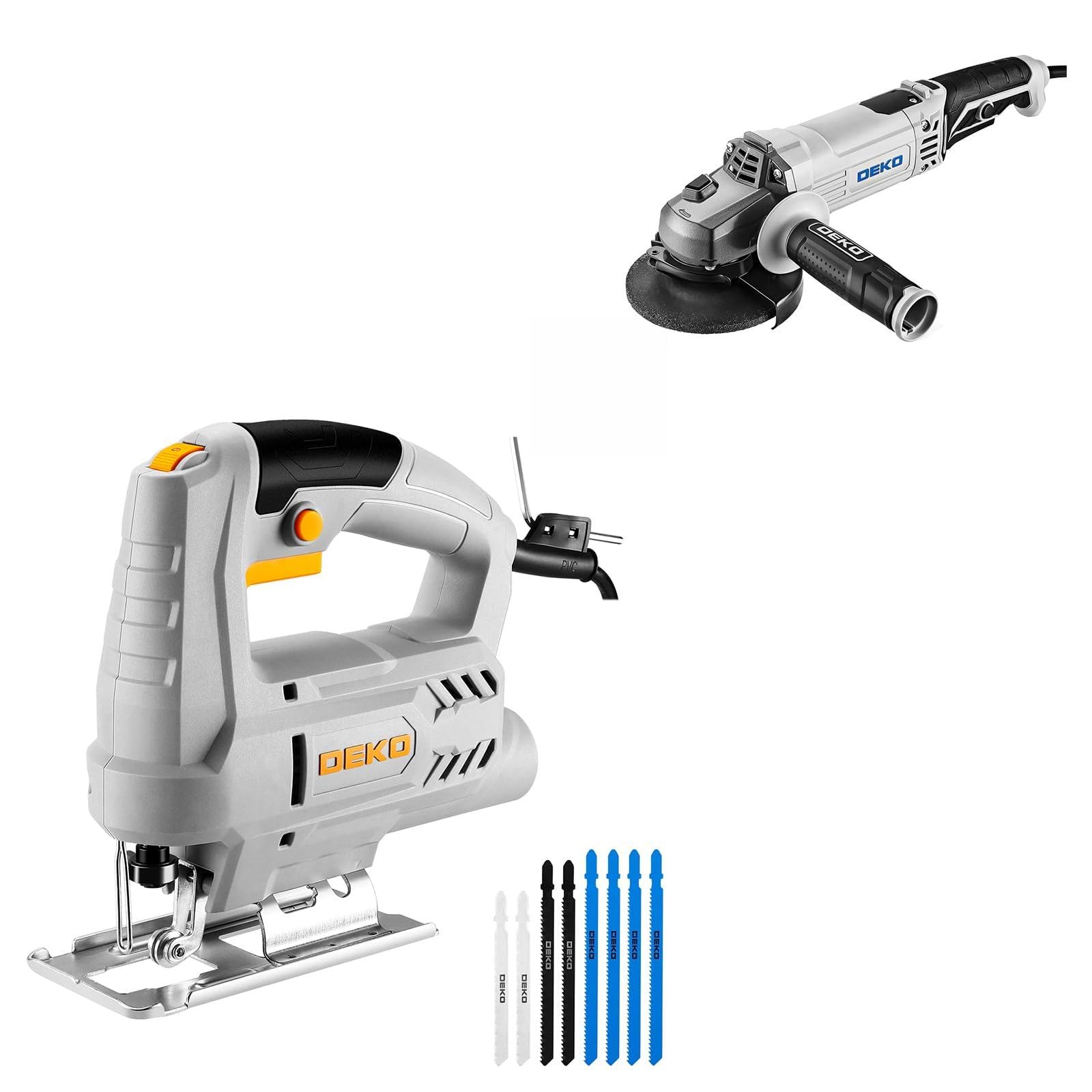 DEKOPRO Profi-Set: 400W Elektro-Stichsäge mit 8 Sägeblättern & 7,5A Winkelschleifer in Hartschalenkoffer | Für Holz, Metall, Kunststoff, 0-3000 SPM, ±45° Schrägschnitt