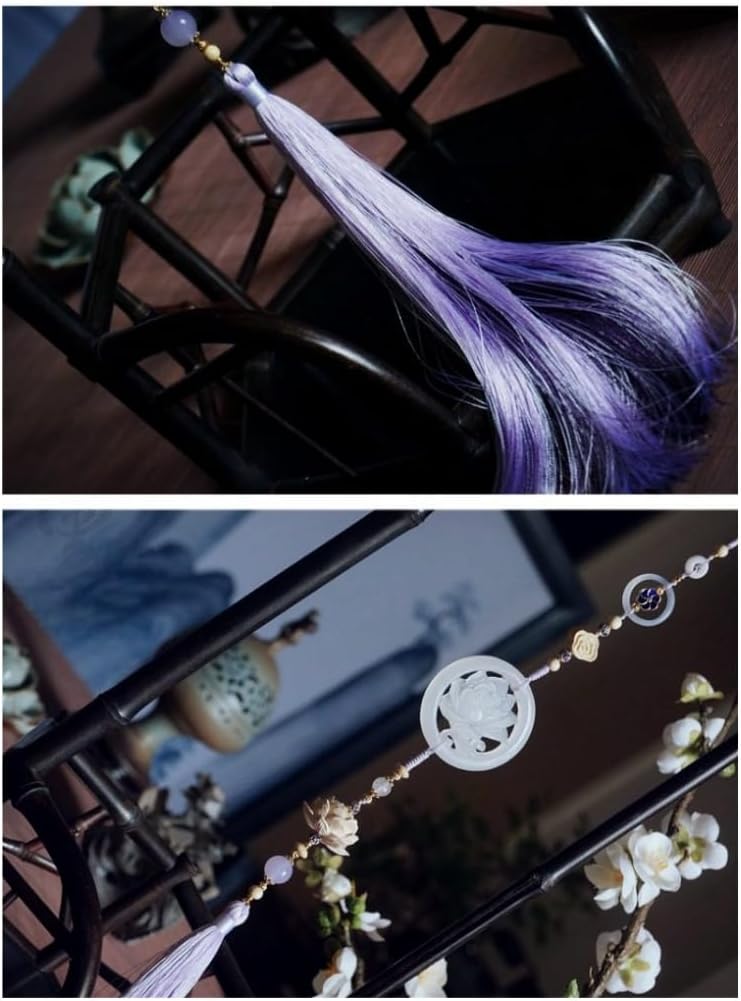 The Untamed Cosplay Prop White Jade Lotus Flower Agate Tassel Waist Pendant, 40cm Long, Purple Tassel