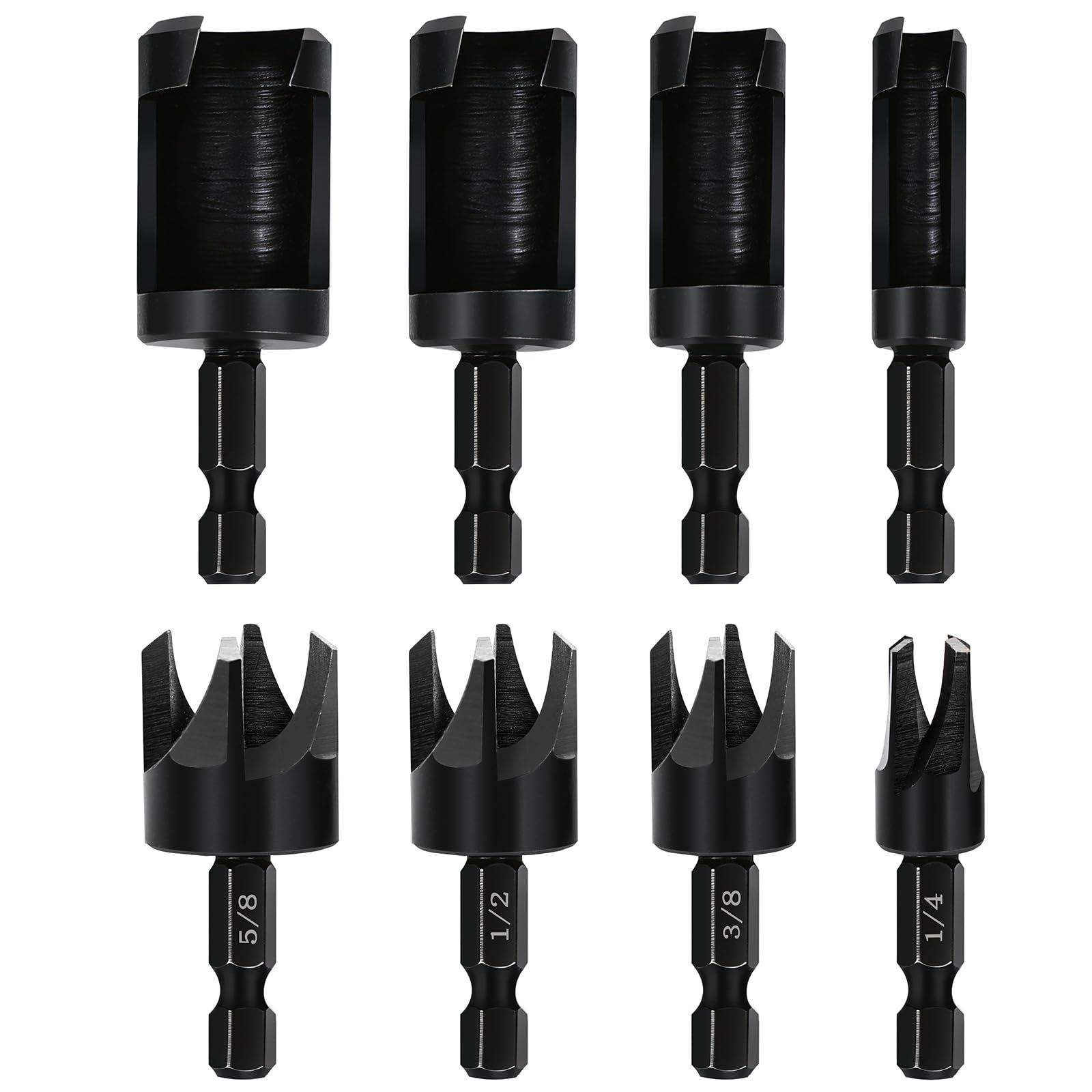 8 Pieces Black Wood Plug Cutter Drill Bit Set, Durable Plug Cutter, Straight and Tapered Plug Drill Bits 1/4", 5/8", 3/8", 1/2" with 1/4 Inch Hex Shank, Cutting Tool for Wood