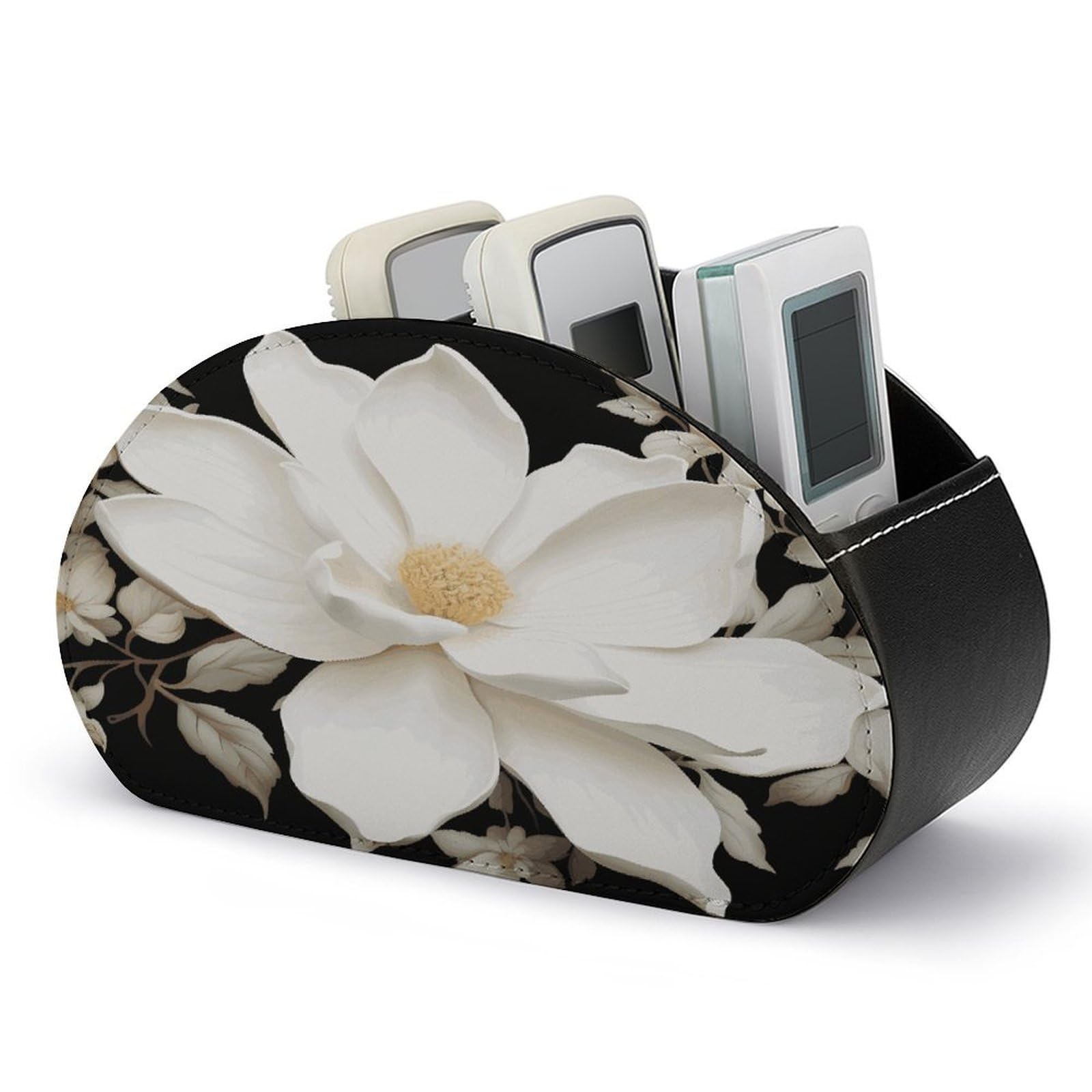 FekiLoot White Floral Remote Control Holder, PU Leather Remote Control Organizer Box Stationery Remote Control Box Desk Storage Organizer for DVDs,Glasses,Pens,Media Players